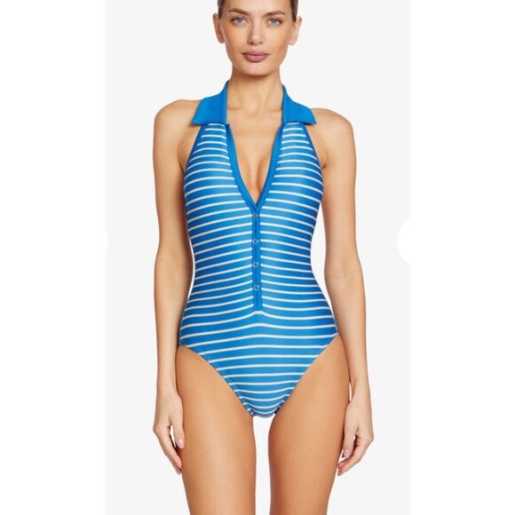 Robin Piccone Women's One Piece Swimsuit Size 8 Parker High Neck Teal Blue Strip - Picture 1 of 6